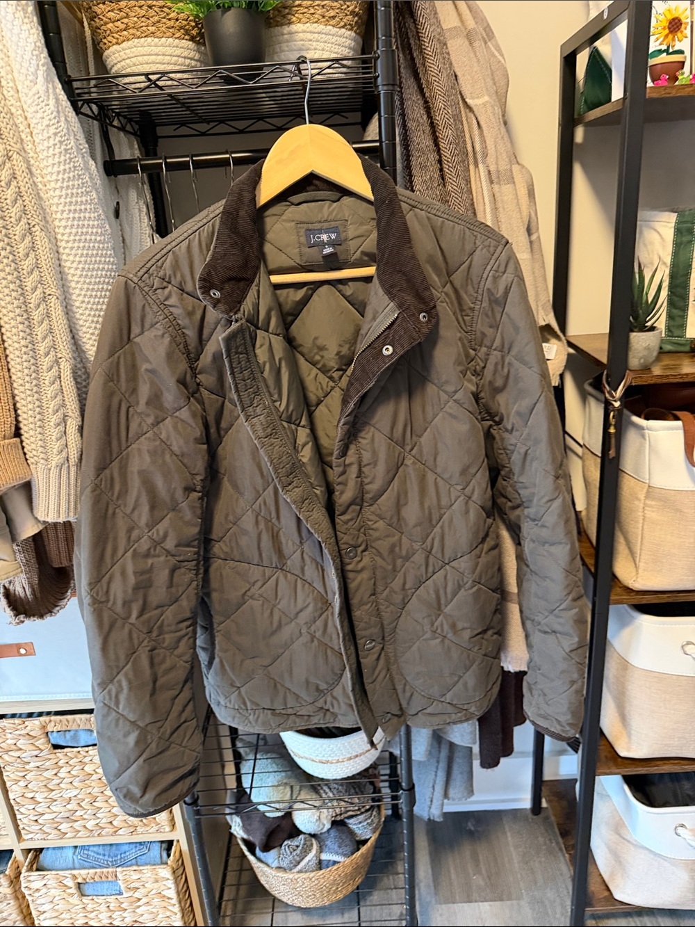 J. Crew Quilted Olive Puffer Jacket with Corduroy Collar